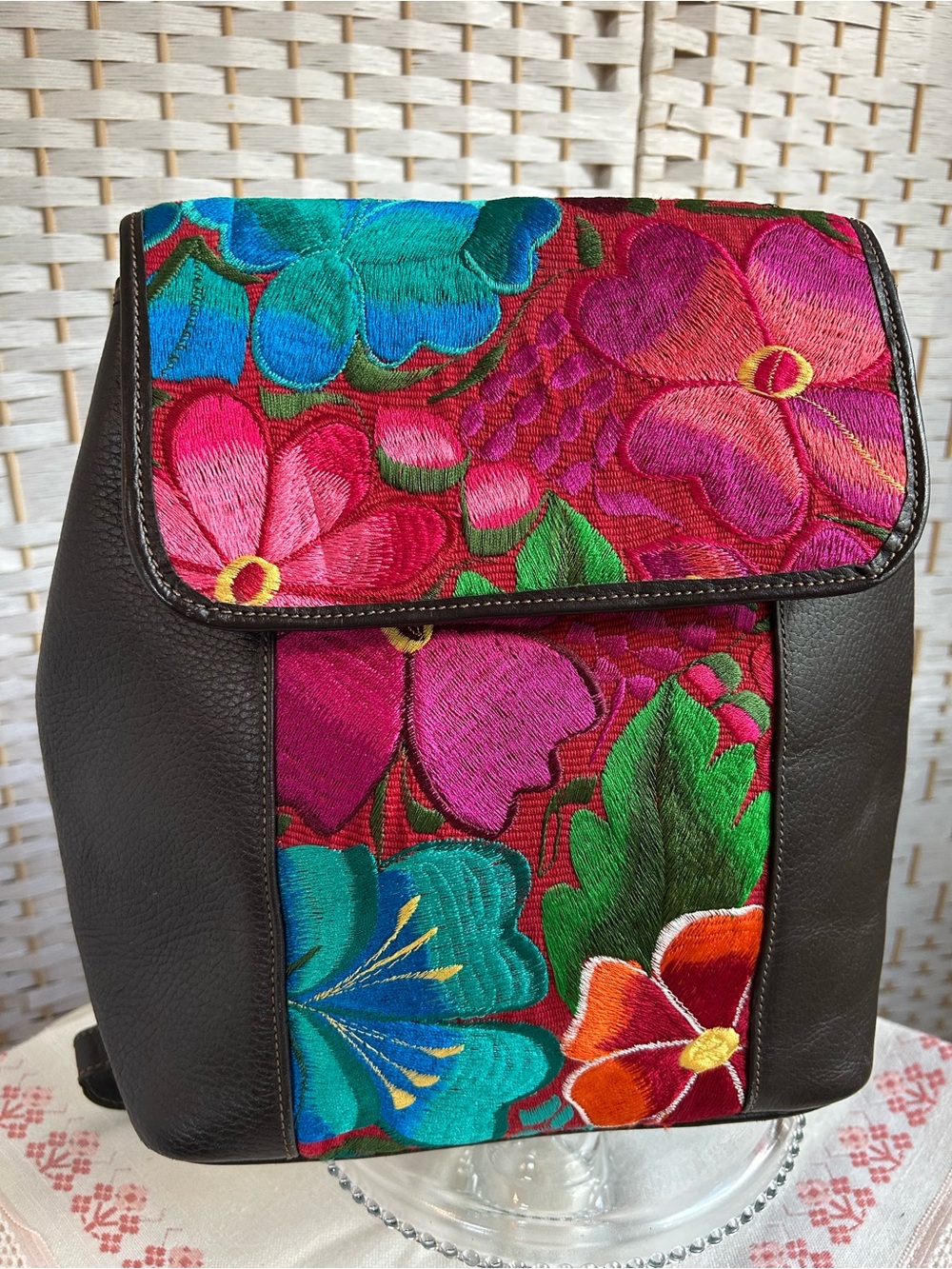 Colorful Embroidered Floral Leather Backpack Crossbody Bag Shoulder Purse Tote